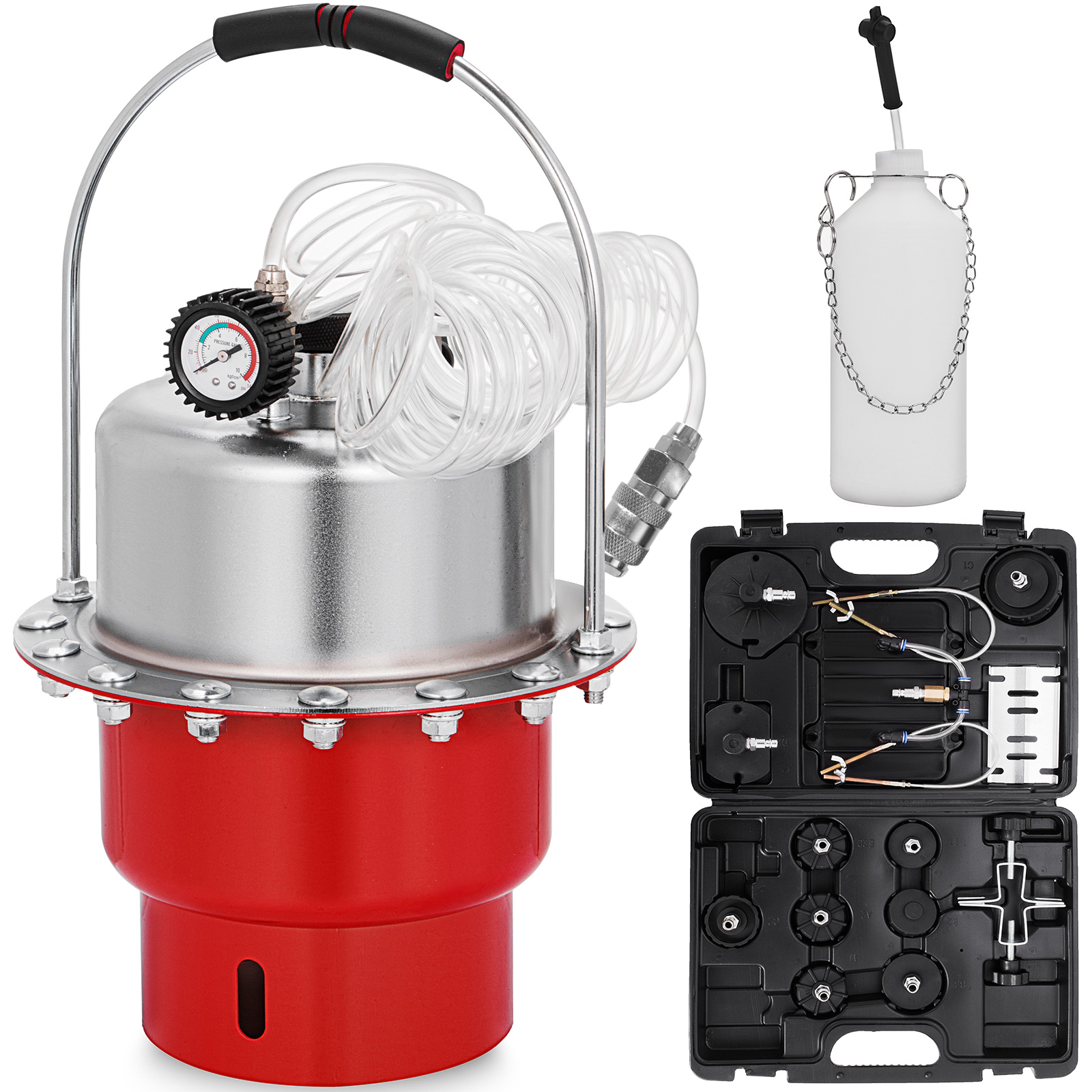 VEVOR brake bleeder tool kit with pressure gauge, hoses, and carrying case.