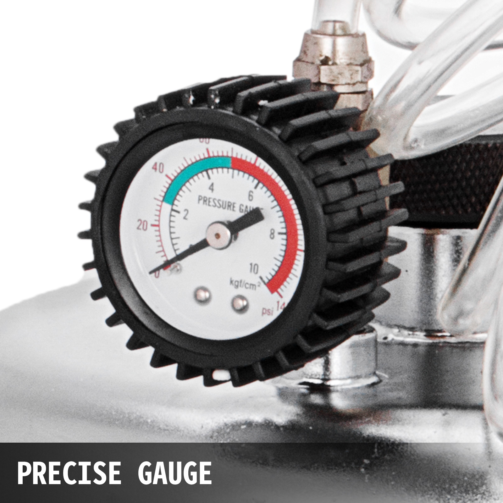 close-up of a VEVOR brake bleeder tool kit precise pressure gauge displaying kgt/cm² and psi.