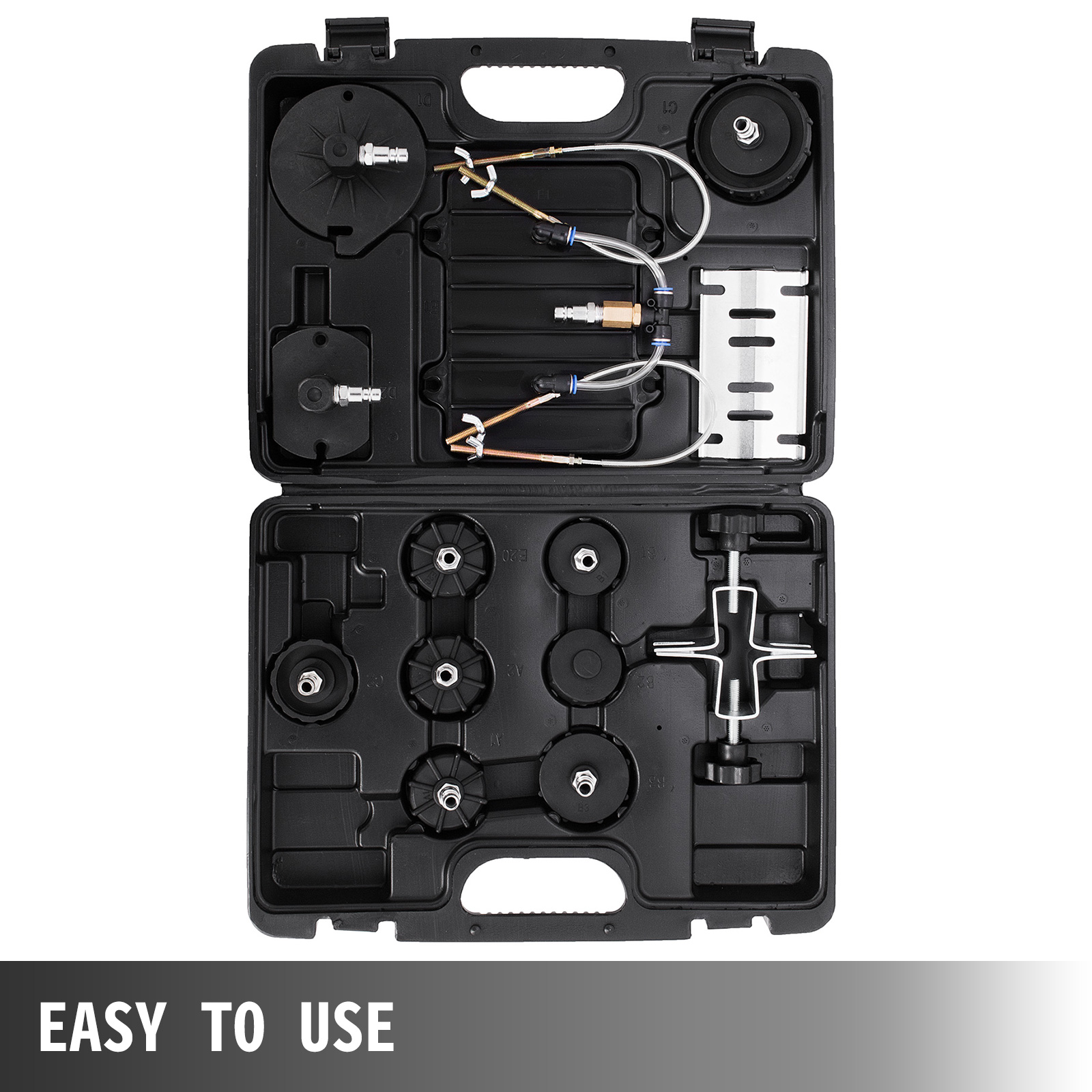 VEVOR brake bleeder tool kit in a black case with various connectors and hoses.