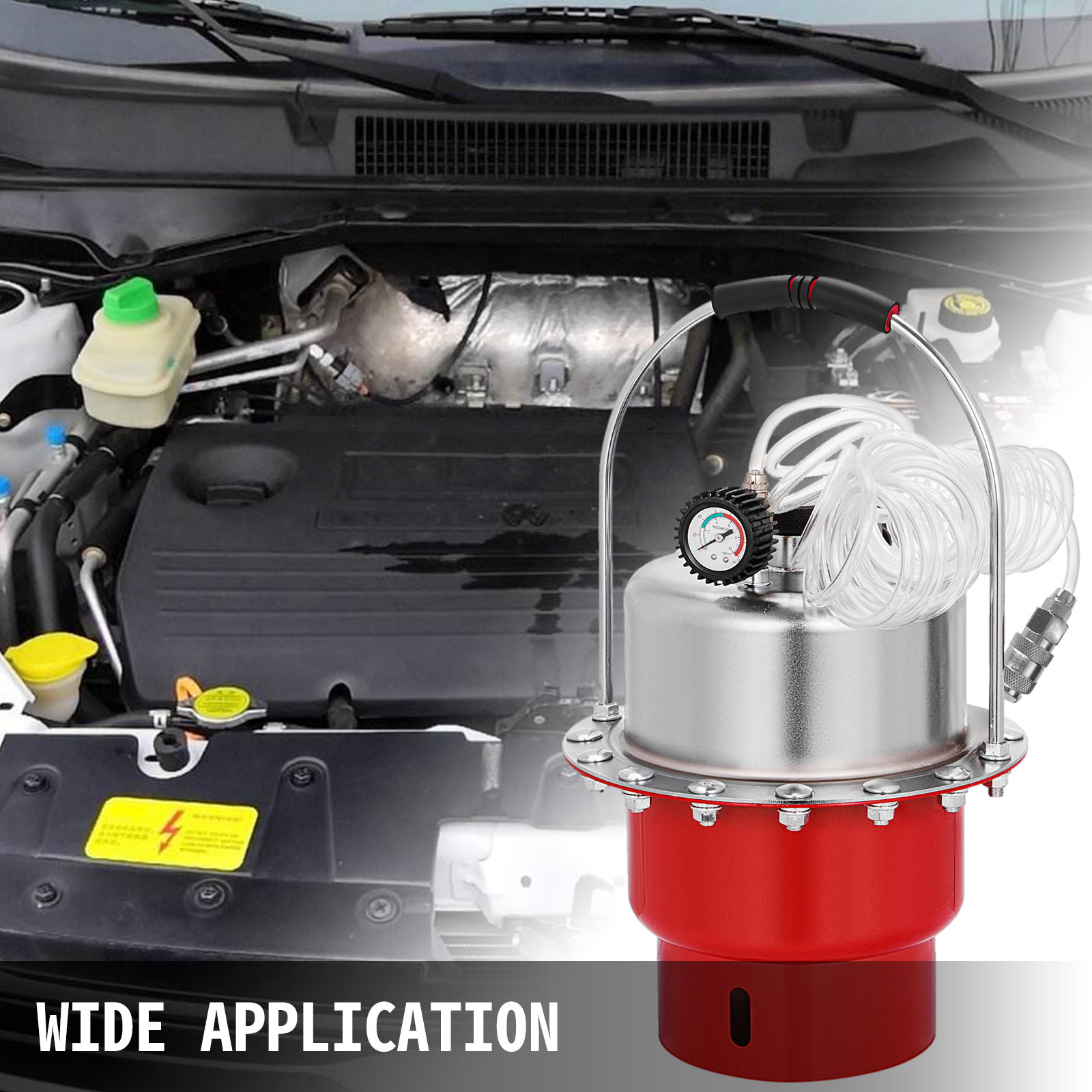 VEVOR brake bleeder tool kit with attached hoses, gauge in front of a car engine. wide application.