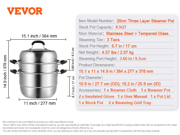 VEVOR steamer pot with 3 tiers, stainless steel and tempered glass, 8.5qt, 15.1 x 11 x 14.9 inches.