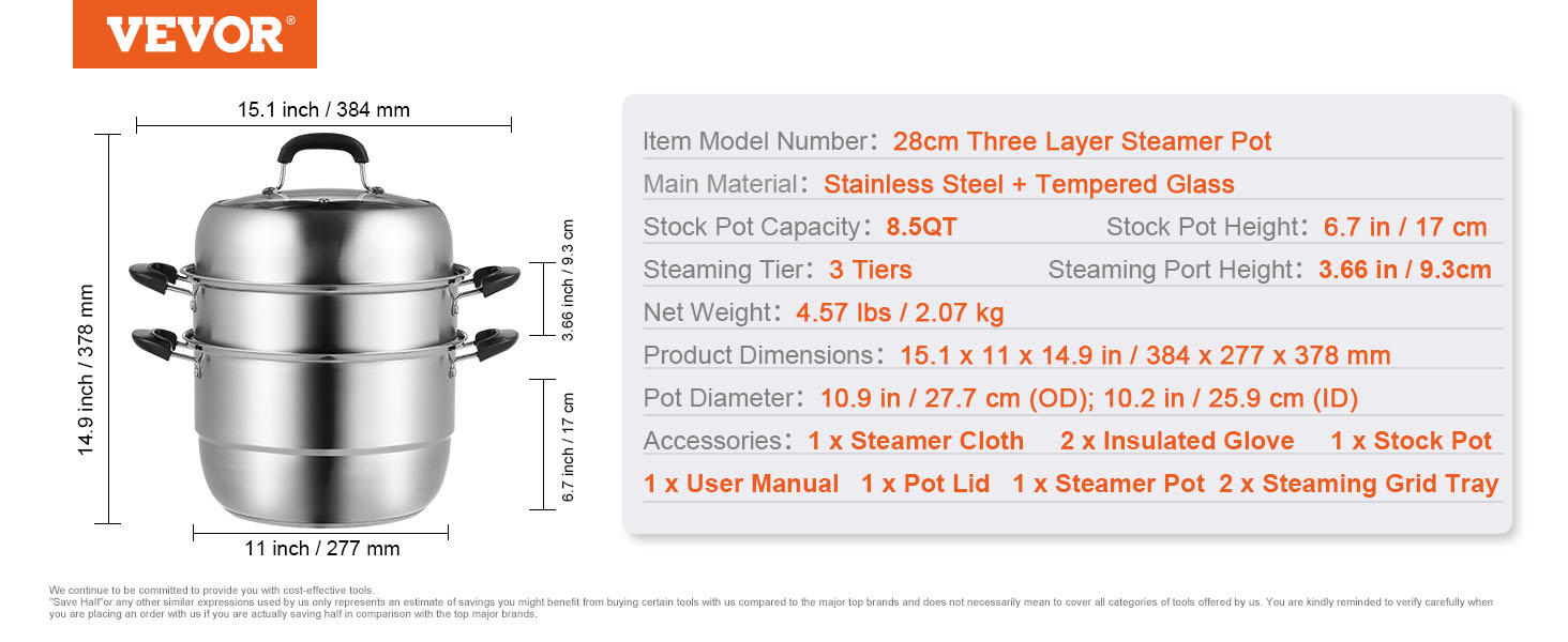 VEVOR steamer pot with 3 tiers, stainless steel and tempered glass, 8.5qt, 15.1 x 11 x 14.9 inches.