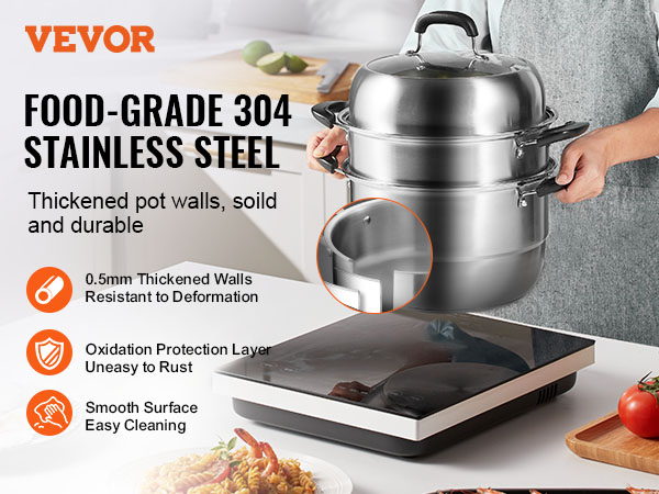 VEVOR steamer pot made of food-grade 304 stainless steel, featuring thickened walls and easy cleaning.