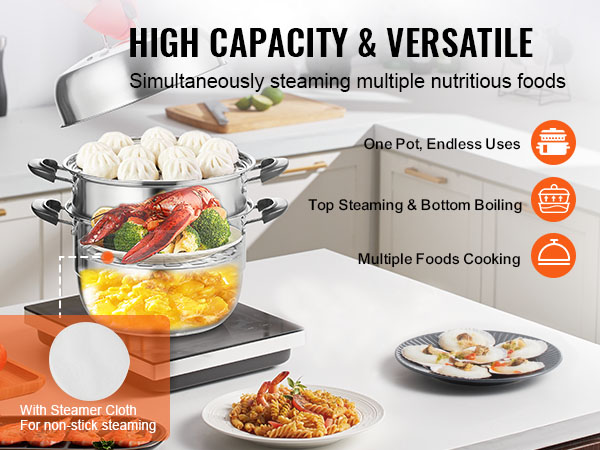 VEVOR steamer pot steaming buns, lobster, broccoli, and corn in a kitchen with high capacity and versatility.