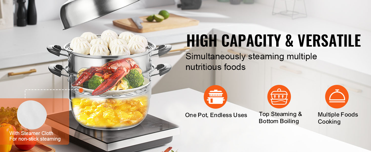 VEVOR steamer pot steaming buns, lobster, broccoli, and corn in a kitchen with high capacity and versatility.