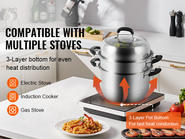 VEVOR steamer pot on a modern kitchen countertop, compatible with electric, induction, and gas stoves.