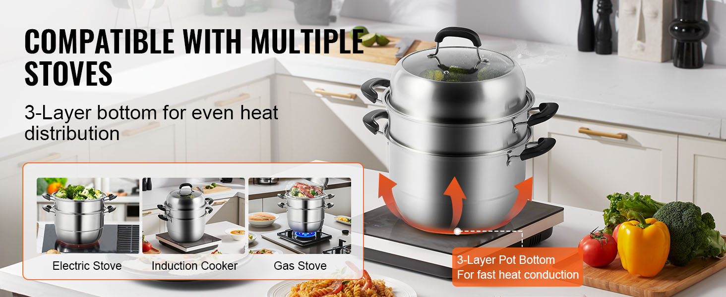 VEVOR steamer pot on a modern kitchen countertop, compatible with electric, induction, and gas stoves.