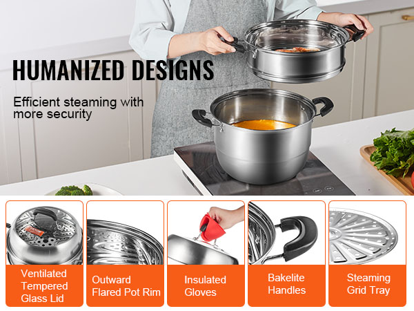 VEVOR steamer pot offers efficient steaming, featuring a glass lid, bakelite handles, and a steaming grid tray.