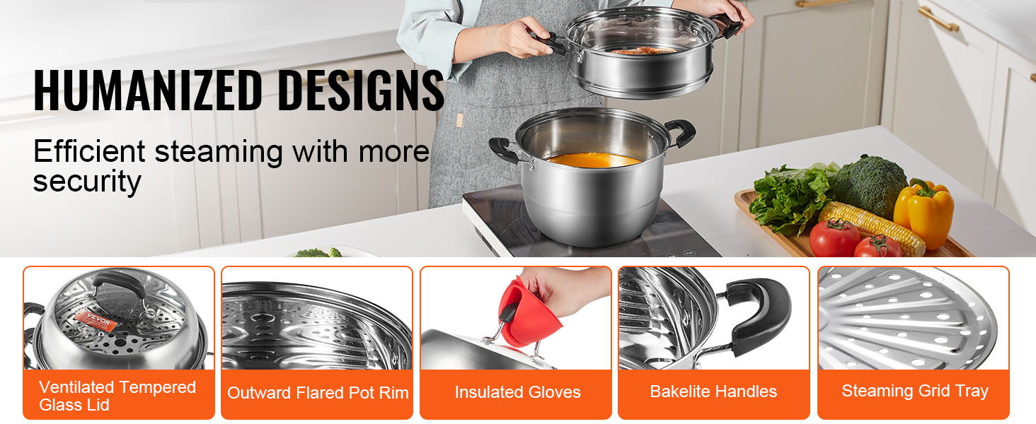 VEVOR steamer pot offers efficient steaming, featuring a glass lid, bakelite handles, and a steaming grid tray.