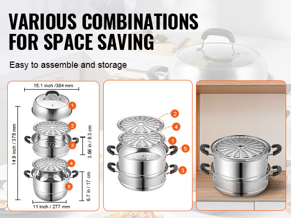 VEVOR steamer pot diagram showcasing assembly and space-saving storage with measurements.