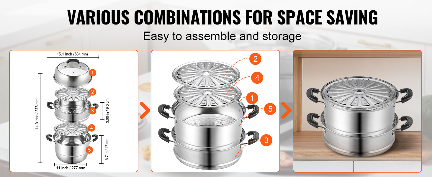 VEVOR steamer pot diagram showcasing assembly and space-saving storage with measurements.