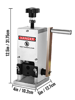 VEVOR wire stripping machine with dimensions labeled in inches and centimeters.