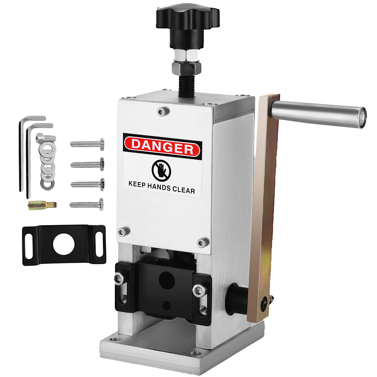 VEVOR wire stripping machine with adjustable handle and safety warning label.