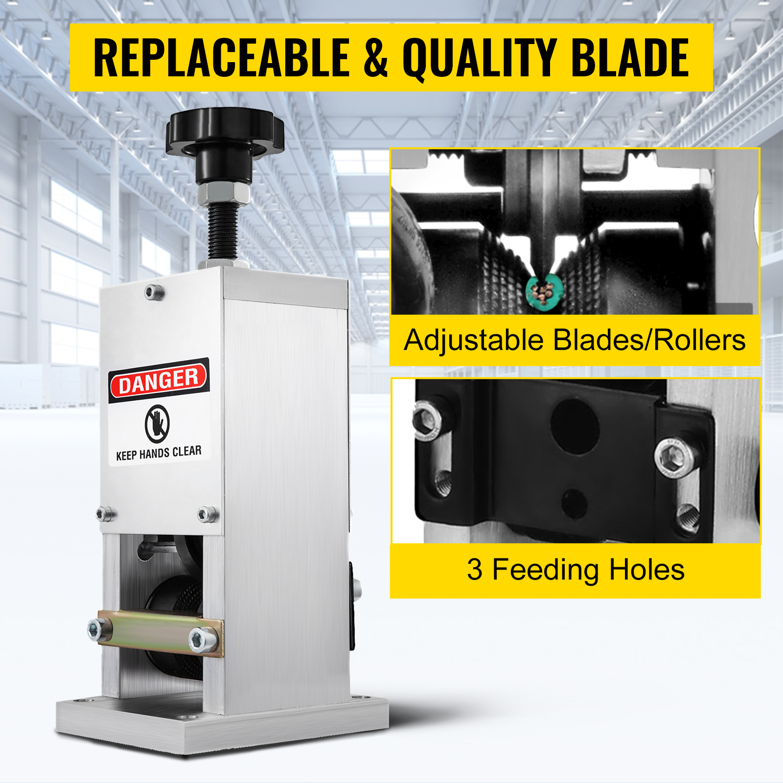VEVOR wire stripping machine with adjustable blades and three feeding holes.