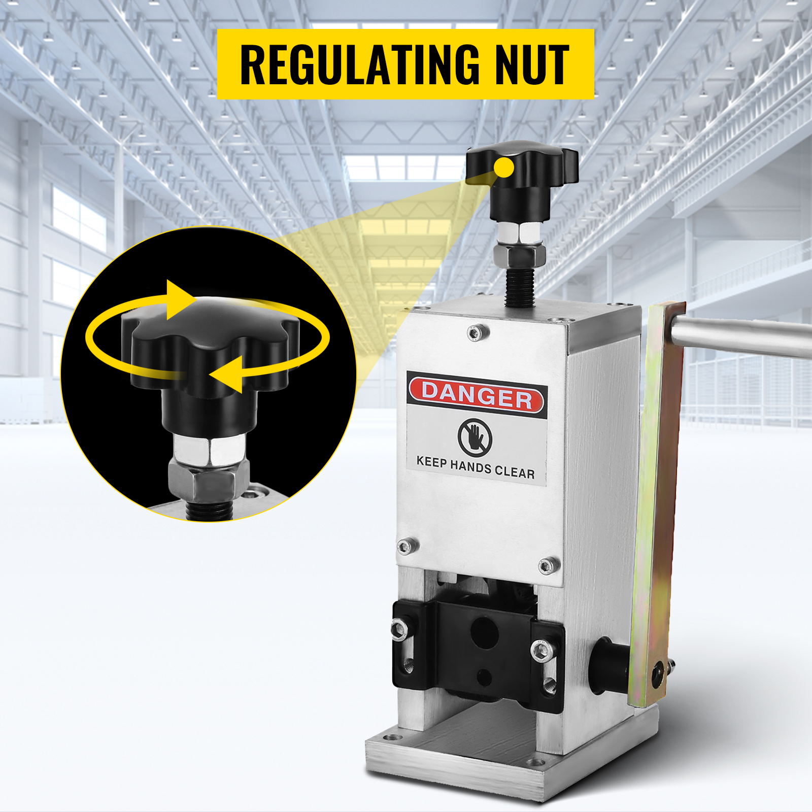 VEVOR wire stripping machine with regulating nut and keep hands clear warning label.