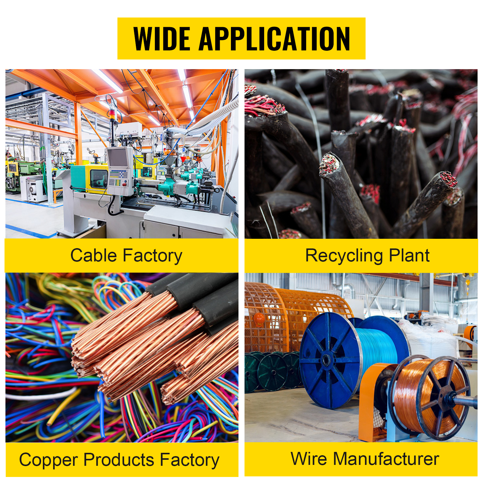 wide application of VEVOR wire stripping machine at factories and recycling plants.