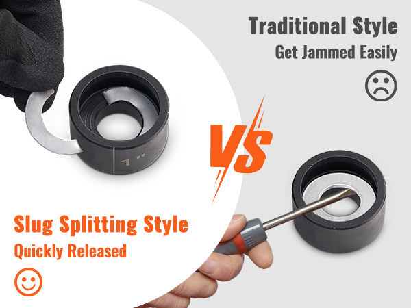 VEVOR knockout punch driver kit comparison: slug splitting style vs. traditional style.