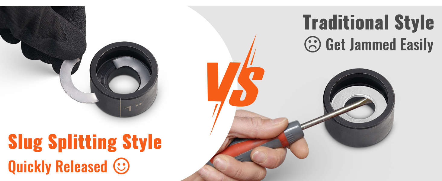 VEVOR knockout punch driver kit comparison: slug splitting style vs. traditional style.