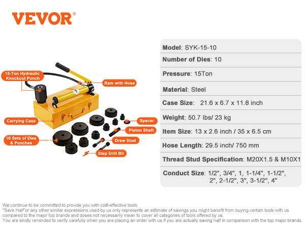 VEVOR hydraulic knockout punch kit with 15-ton pressure, 10 dies, carrying case, and accessory components.