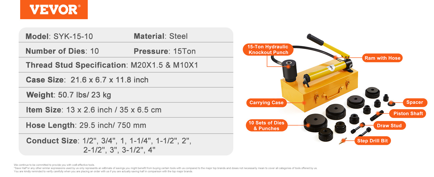 VEVOR hydraulic knockout punch kit with 15-ton pressure, 10 dies, carrying case, and accessory components.