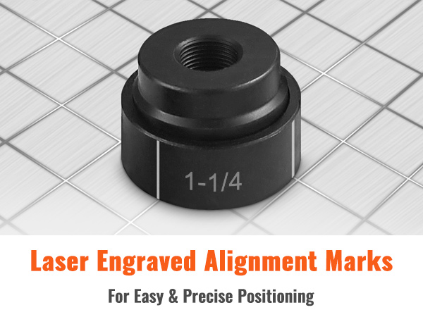 Lāzergravētas izlīdzināšanas atzīmes ērtai un precīzai pozicionēšanai uz VEVOR hidrauliskā izsišanas perforatora komplekta.