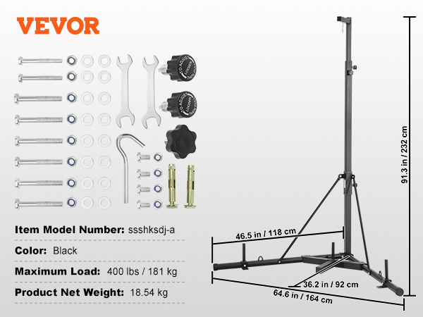 VEVOR boksa maisa statīvs, modelis ssshksdj-a, melns, maksimālā slodze 400 lbs, neto svars 18,54 kg, norādītie izmēri.