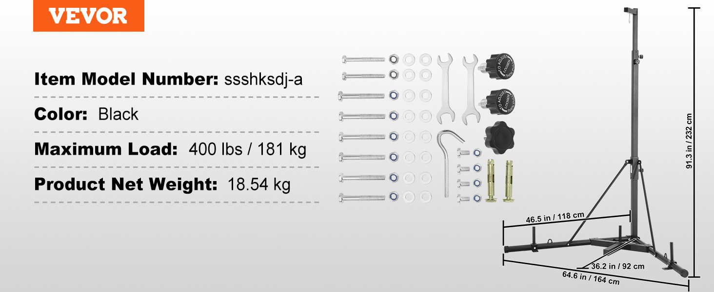 VEVOR boksa maisa statīvs, modelis ssshksdj-a, melns, maksimālā slodze 400 lbs, neto svars 18,54 kg, norādītie izmēri.