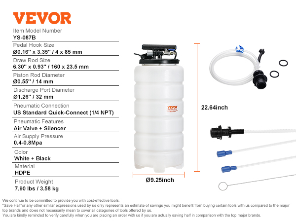 VEVOR fluid extractor with pneumatic features, hdpe material, quick-connect fitting, and silencer.