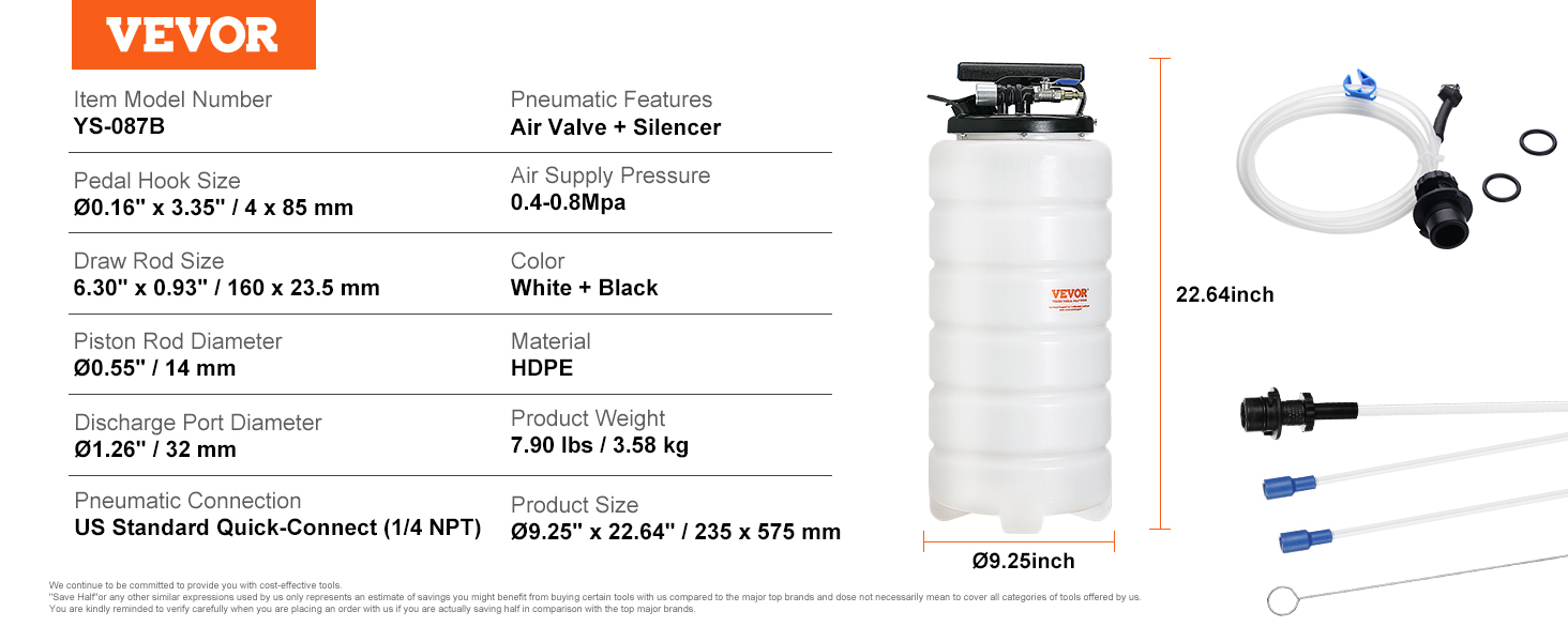 VEVOR fluid extractor with pneumatic features, hdpe material, quick-connect fitting, and silencer.