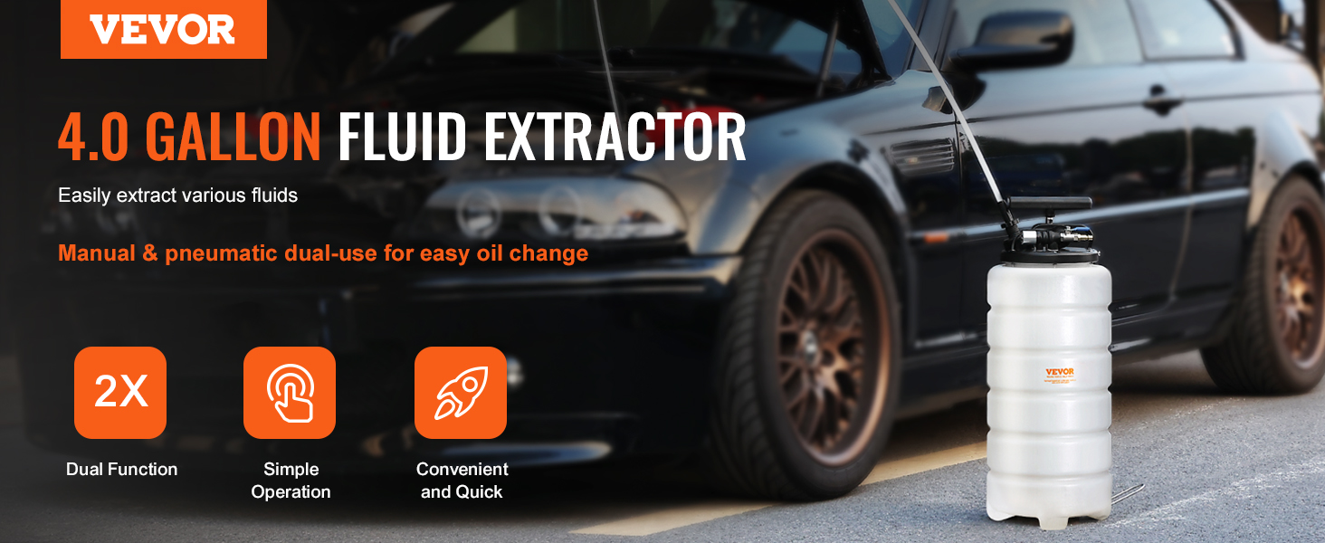 VEVOR fluid extractor, 4-gallon capacity, near car, manual and pneumatic functions, easy oil change.