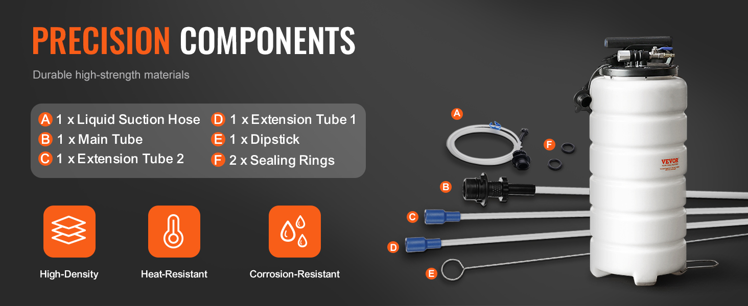 VEVOR fluid extractor with precision components, liquid suction hose, extension tubes, and dipstick.