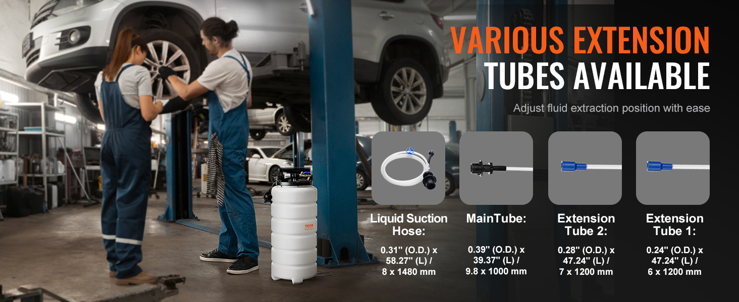 VEVOR fluid extractor: various extension tubes available, family fixing car, liquid suction hose displayed.