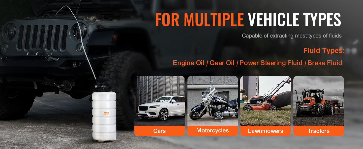 VEVOR fluid extractor with various vehicles including a jeep, car, motorcycle, lawnmower, and tractor.