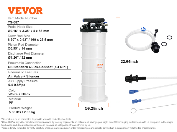 VEVOR fluid extractor ys-087, 22.64-inch white and black container with hoses and accessories.