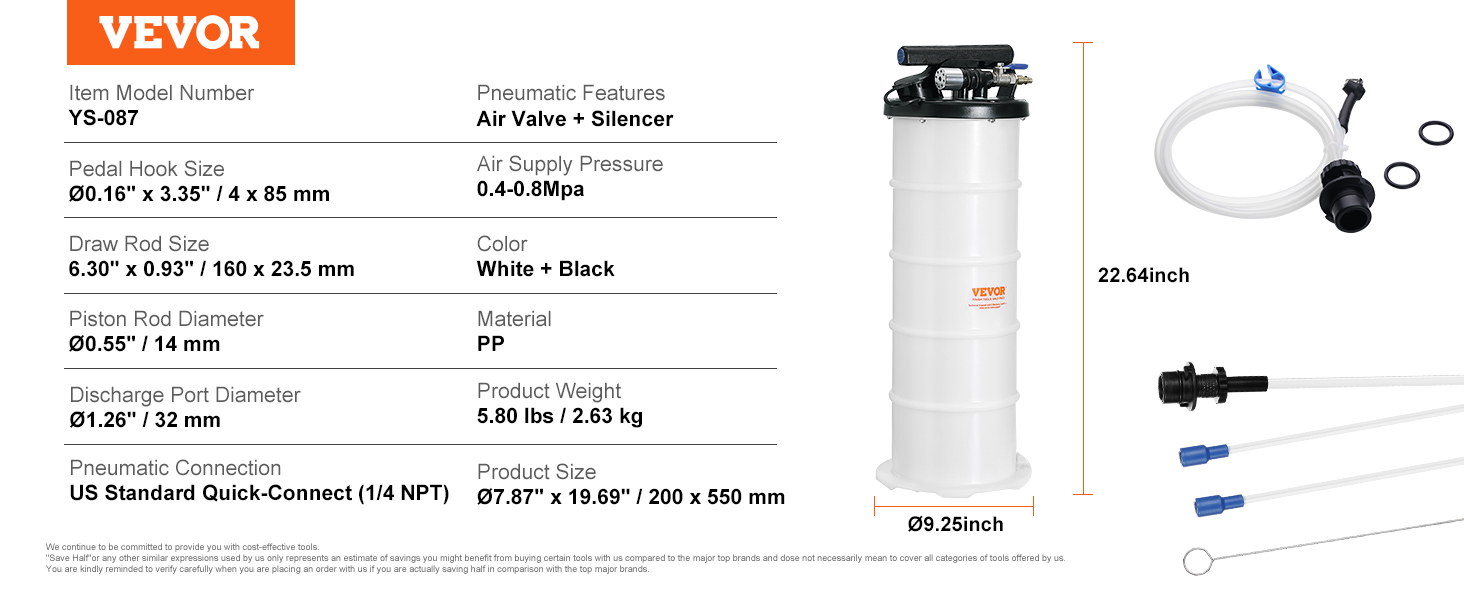 VEVOR fluid extractor ys-087, 22.64-inch white and black container with hoses and accessories.