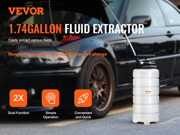 VEVOR fluid extractor 1.74 gallon for manual and pneumatic oil changes, dual function, easy operation.