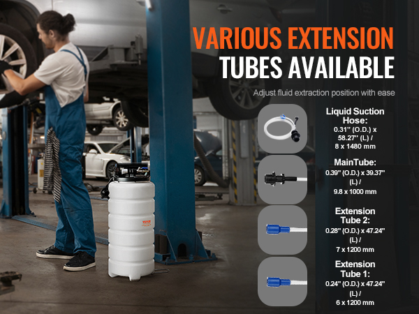 car mechanics using VEVOR fluid extractor with various extension tubes in a vehicle service garage.