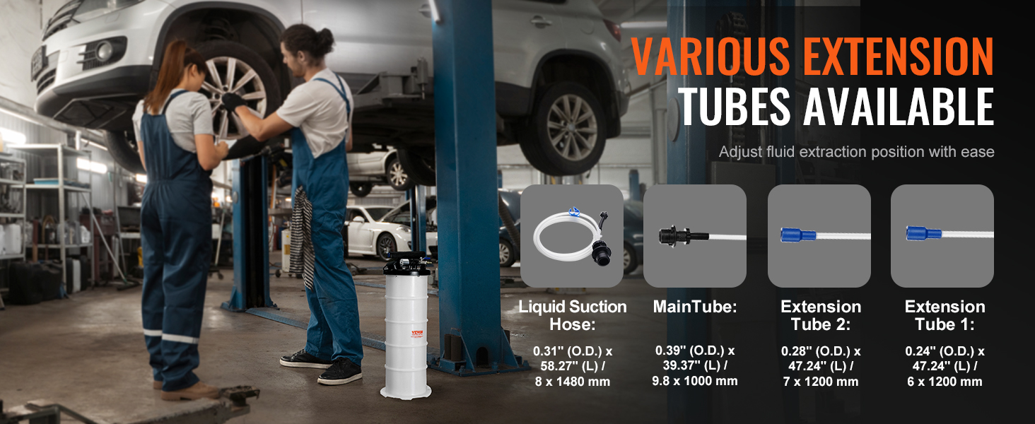 car mechanics using VEVOR fluid extractor with various extension tubes in a vehicle service garage.