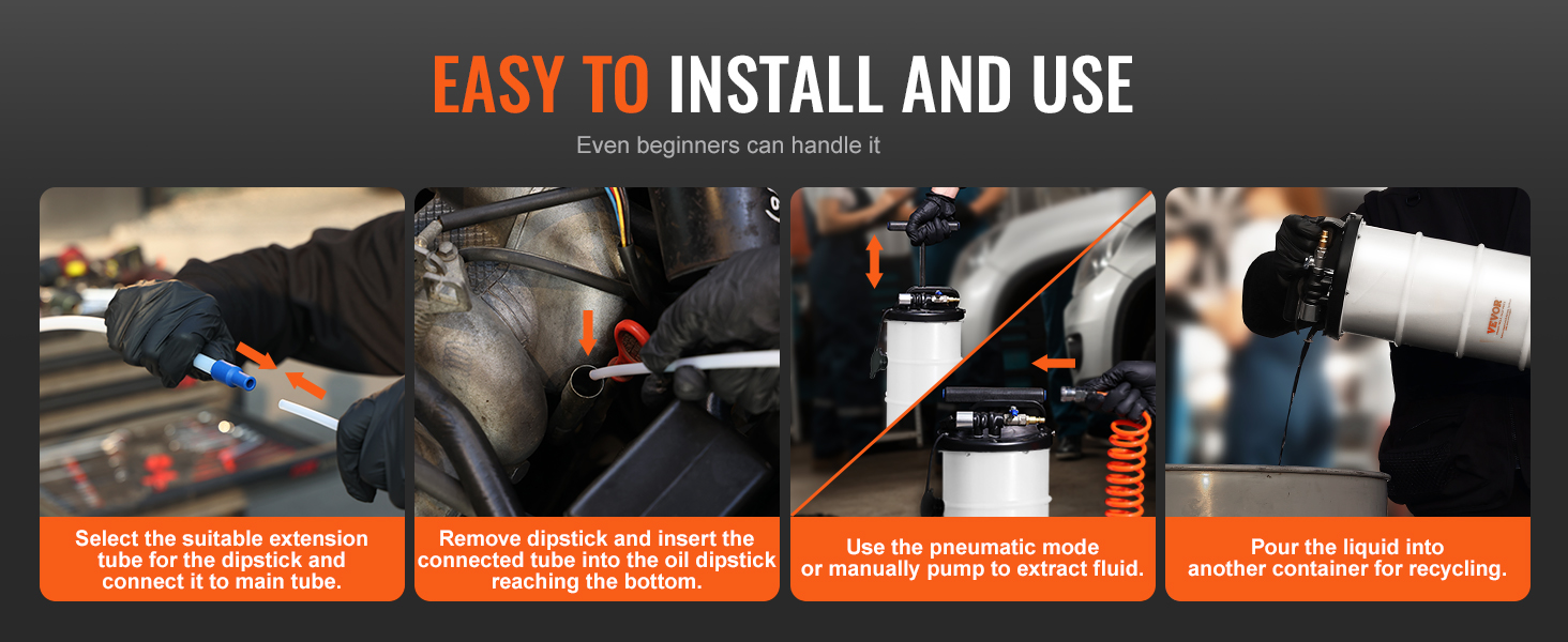 VEVOR fluid extractor steps: connect extension tube, insert into dipstick, extract fluid, pour into container.