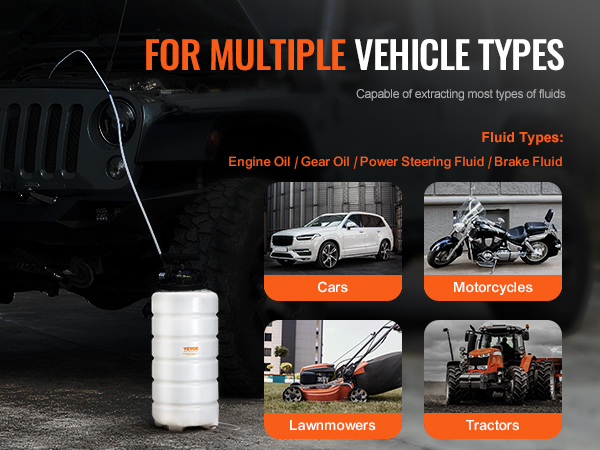 VEVOR fluid extractor next to a vehicle, showcasing versatility for cars, motorcycles, lawnmowers, and tractors.