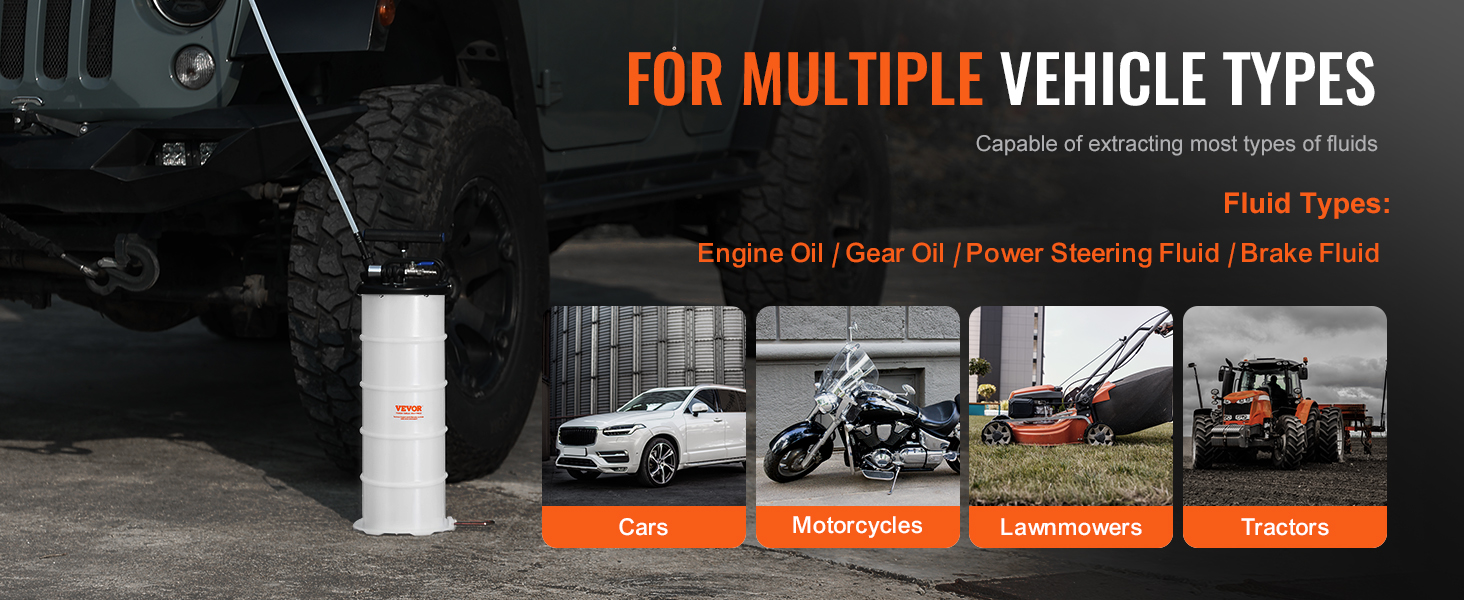 VEVOR fluid extractor next to a vehicle, showcasing versatility for cars, motorcycles, lawnmowers, and tractors.