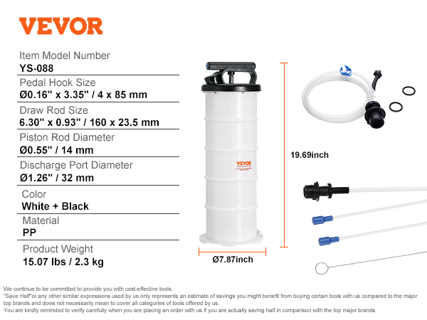 VEVOR fluid extractor ys-088 with white and black design, showing parts and dimensions.