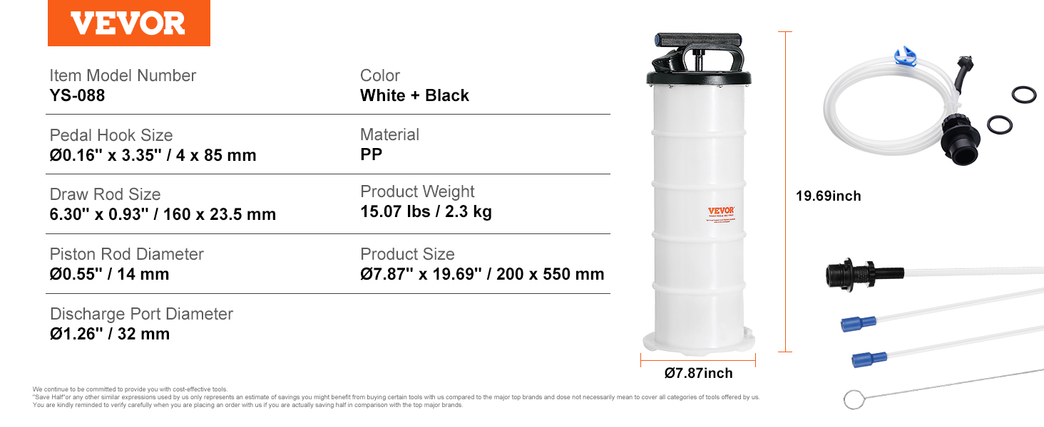 VEVOR fluid extractor ys-088 with white and black design, showing parts and dimensions.