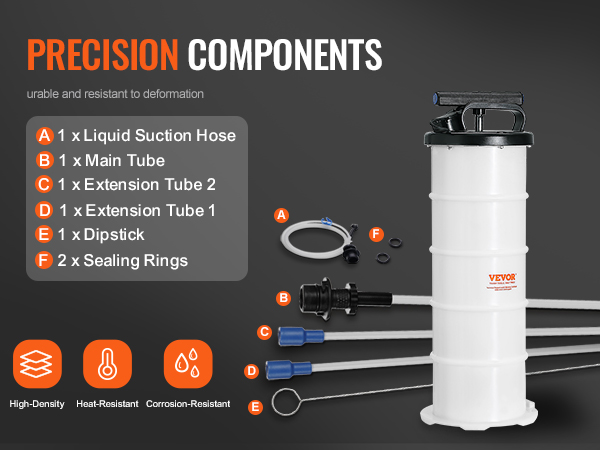 VEVOR fluid extractor components include main tube, suction hose, dipstick, and sealing rings. high-density materials.