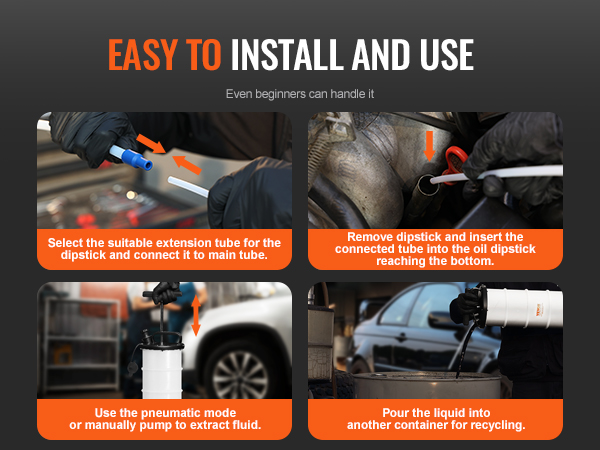 easy installation and use of VEVOR fluid extractor, showcasing steps from connecting to recycling fluid.