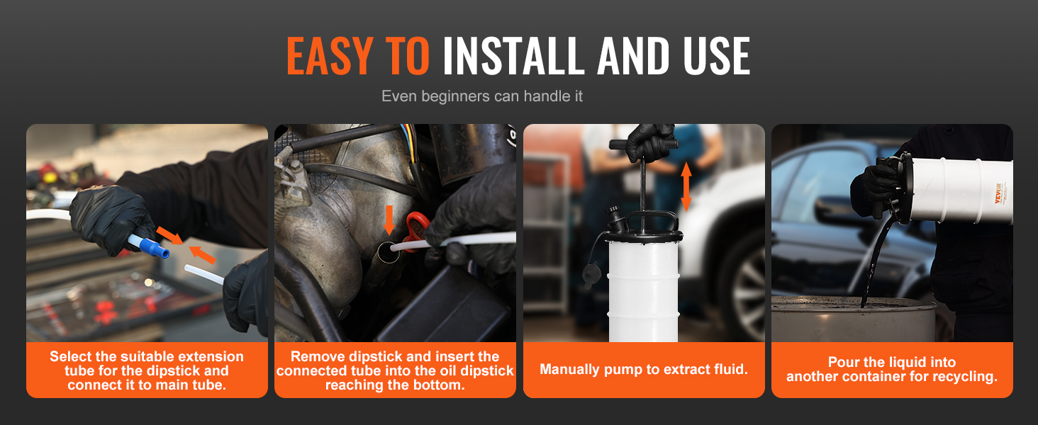 easy installation and use of VEVOR fluid extractor, showcasing steps from connecting to recycling fluid.
