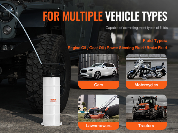 VEVOR fluid extractor for multiple vehicle types, including cars, motorcycles, lawnmowers, and tractors.