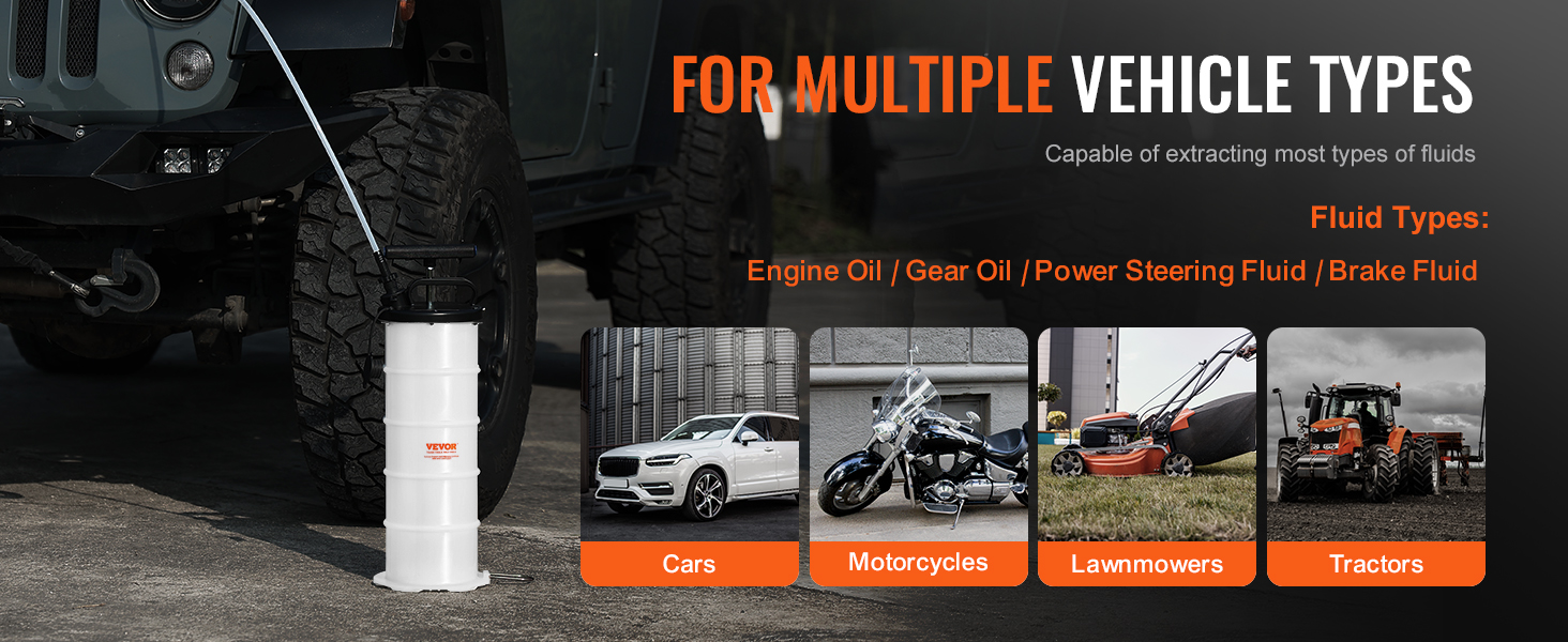 VEVOR fluid extractor for multiple vehicle types, including cars, motorcycles, lawnmowers, and tractors.