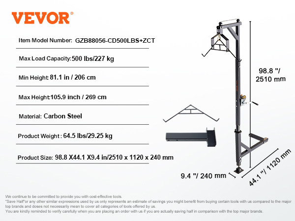 VEVOR hitch mounted deer hoist, carbon steel, 500 lbs capacity, adjustable height, compact size.