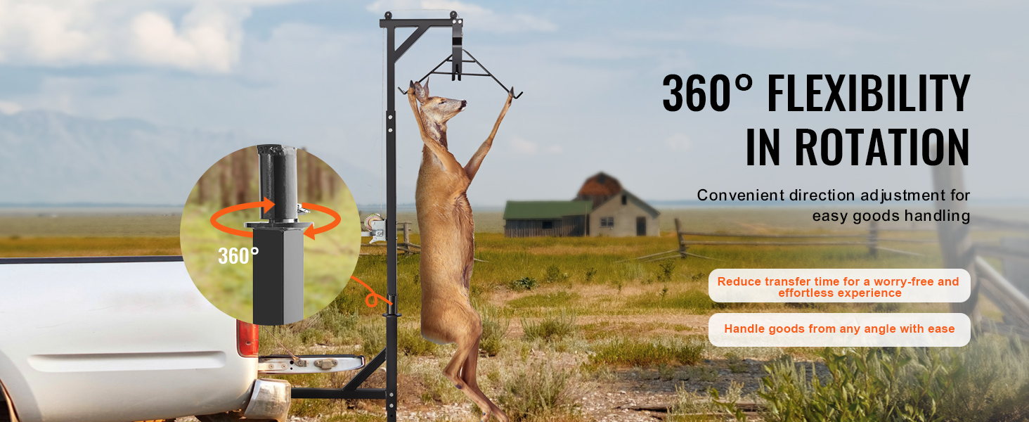 VEVOR hitch mounted deer hoist demonstrating 360-degree rotation for effortless goods handling.